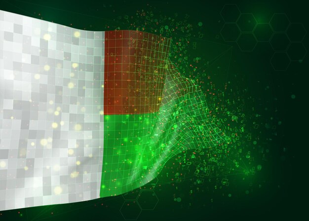 Madagascar, en vector bandera 3d sobre fondo verde con polígonos y números de datos