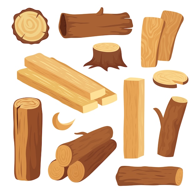 Madera de dibujos animados. Tronco y tronco de madera, tocón y tablón. Leña de madera registra elementos. Materiales de construcción de madera dura vector conjunto aislado