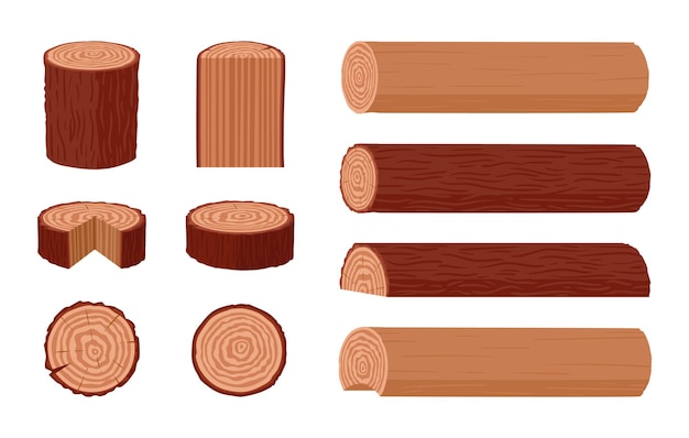 Madera redonda troncos de árboles troncos de madera tablas de sierra cortes y leña materiales de la industria de la madera vector plano conjunto de ilustraciones vigas de madera de dibujos animados en blanco