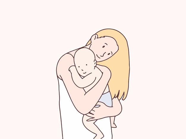 La madre abraza al bebé cálidamente simple ilustración de estilo coreano