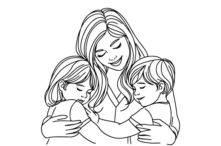 Madre abraza a sus hijos Día de la Madre Arte de línea
