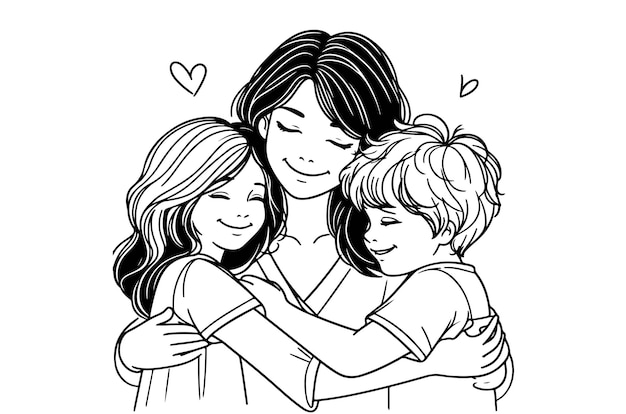 Vector madre abraza a sus hijos día de la madre arte de línea