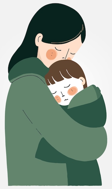 madre abrazando a su hijo pequeño ilustración vectorial minimalista