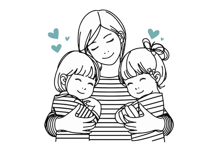 Madre abrazando a sus hijos Madre con dos hijos Arte de líneas