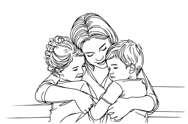 Madre abrazando a sus hijos Madre con dos hijos Arte de líneas