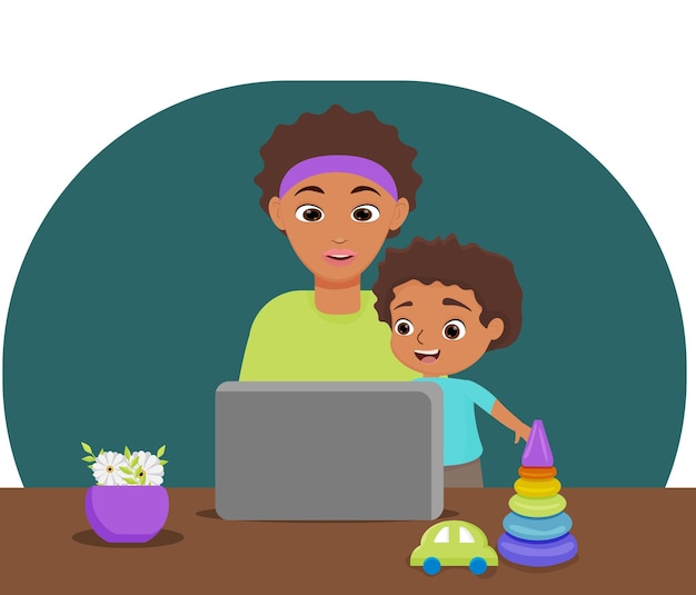 Madre afroamericana freelance se sienta con su hijo trabaja en casa en el vector de carrera de la computadora portátil