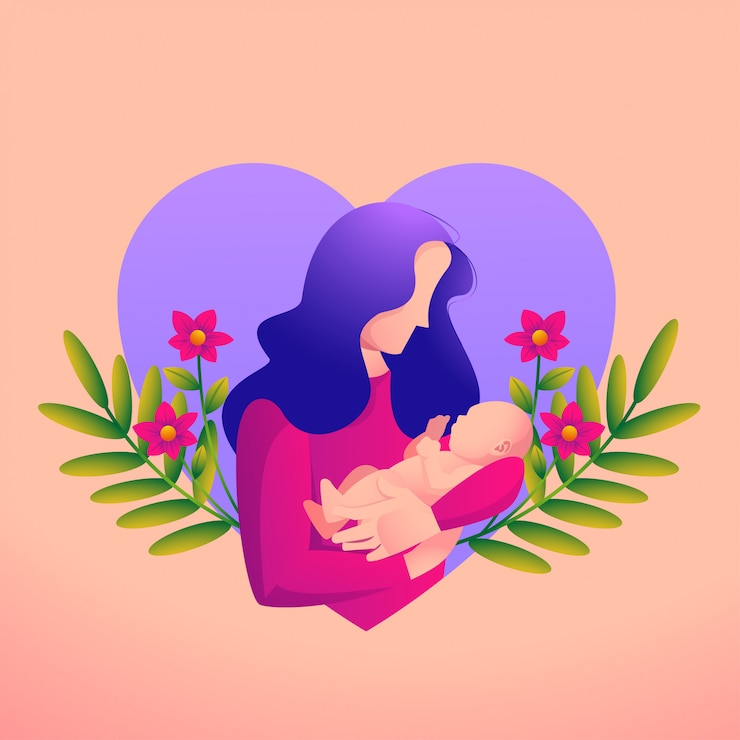 Vector la madre ama a su bebé con un símbolo de corazón y flor