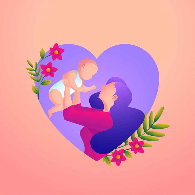 Vector la madre ama a su bebé con un símbolo de corazón y flor