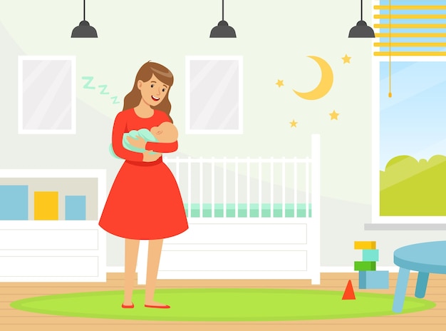 Madre amamantando y acunando al bebé en los brazos para la ilustración vectorial dormida