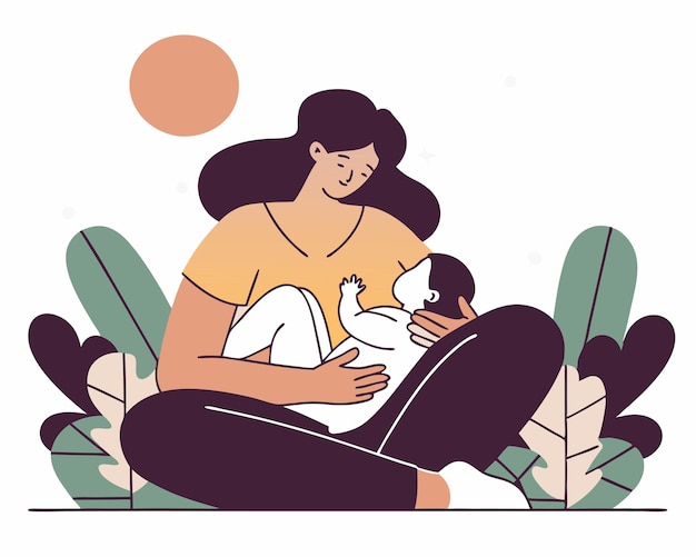 Una madre amamantando en una ilustración de estilo de arte de línea