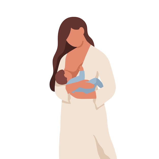 Vector madre amamantando a su bebé recién nacido con su leche. mamá sosteniendo a un niño en brazos, que amamanta. lactancia materna del lactante. mujer y niño recién nacido. ilustración de vector plano aislado sobre fondo blanco.