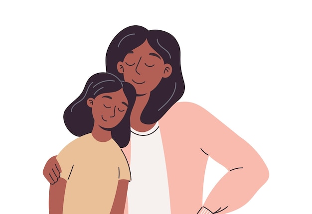 Madre amorosa abrazando a su hija en un abrazo cálido y afectuoso ilustración aislada vectorial Momento familiar tierno en estilo plano moderno Perfecto para el Día de la Madre temas de crianza y cuidado familiar