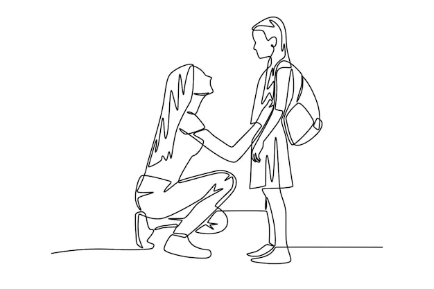 La madre anima a su hijo antes de irse despidiéndose de sus hijos concepto dibujo en línea