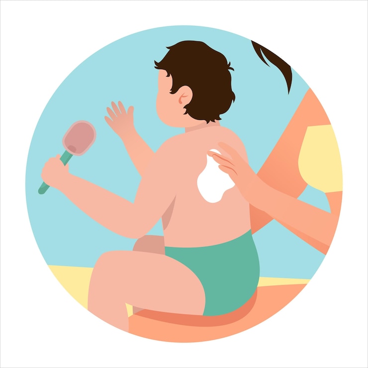 Vector madre aplicando protector solar a la crema spf de protección uv para bebés usando ilustración vectorial