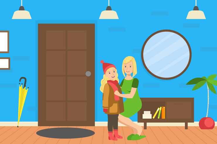 Vector madre ayudando a su hija a vestirse madre amorosa y su hijo en la vida cotidiana en el hogar ilustración vectorial