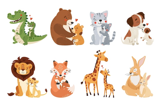 Madre y bebé animales colección día de la madre animales lindos conjunto vector
