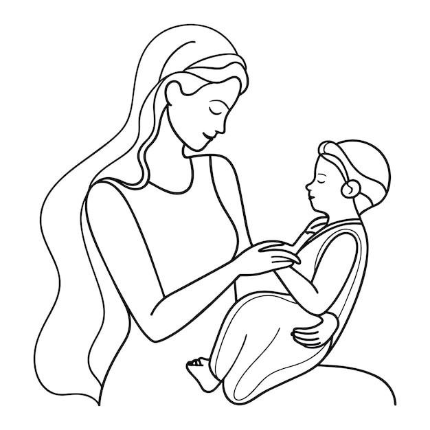 Una madre con un bebé dibujo de línea continua
