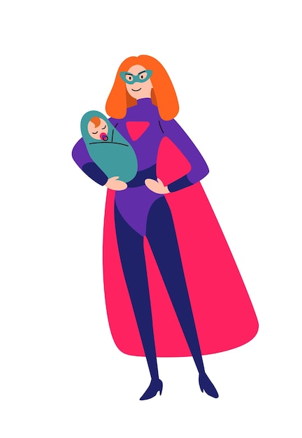 Vector madre y bebé juntos en trajes de superhéroe.