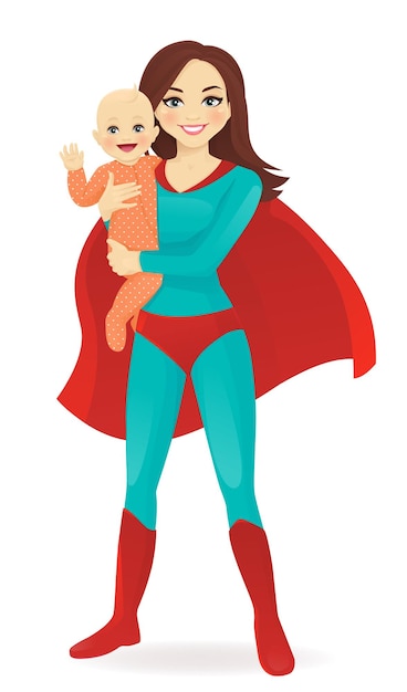 Madre, con, bebé, en, super héroe, disfraz, mujer, vector, ilustración