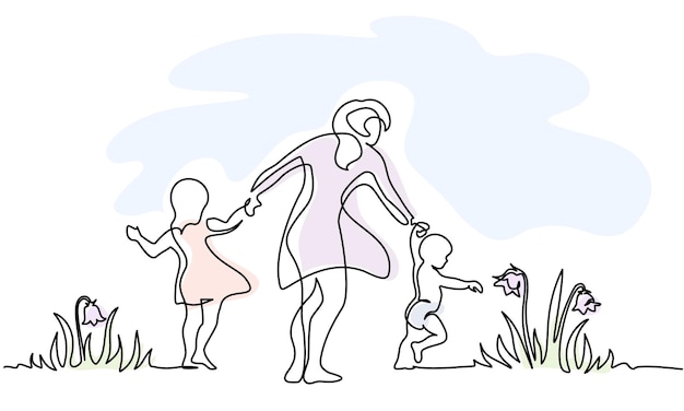 Vector madre caminando con niños pequeños en el jardín con flores continua una línea dibujando concepto familiar