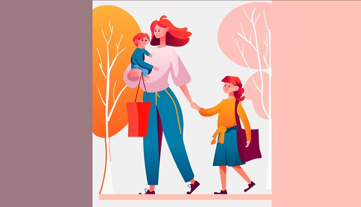 Vector madre caminando con sus hijas pequeñas amorosa familia paternidad concepto de cuidado de niños plantilla de tarjeta del día de la madre