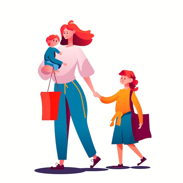 madre caminando con sus hijas pequeñas familia amorosa paternidad concepto de cuidado de niños plantilla de tarjeta del día de la madre mujer pasando tiempo con niños ilustración vectorial