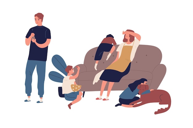 Madre cansada que tiene muchos hijos sentados en el sofá después de un duro día de ilustración plana vectorial. Indiferencia marido navegando por internet uso smartphone aislado. Problema en la relación de familia.