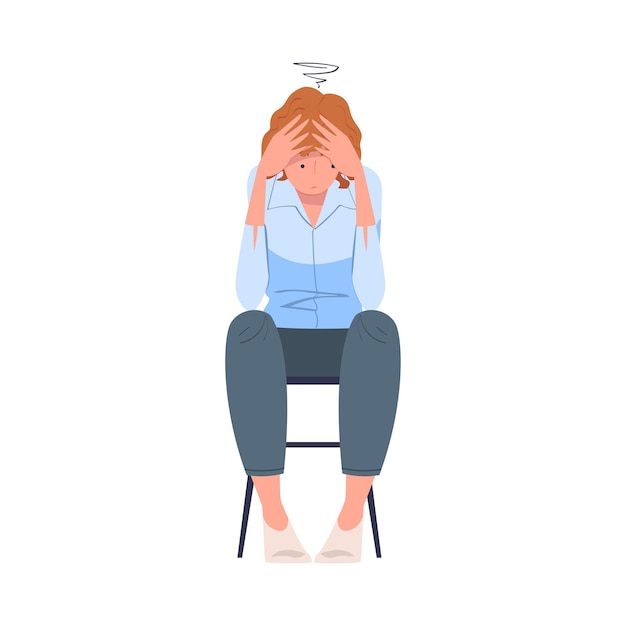 Madre cansada sentada en la silla sosteniendo la cabeza con las manos sintiendo agotamiento Ilustración vectorial