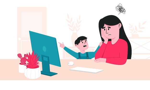 Madre cansada y su pequeño hijo, que constantemente la interfiere en el trabajo. Problemas de crianza y guardería durante la cuarentena covid-19. Trabajar desde casa y mantenerse a salvo ilustración colorida.