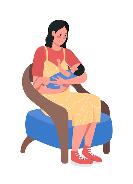 Madre con carácter vectorial de color semiplano de bebé. Figura posando. Persona de cuerpo completo en blanco. Expresión emocional aislada ilustración moderna de estilo de dibujos animados para diseño gráfico y animación