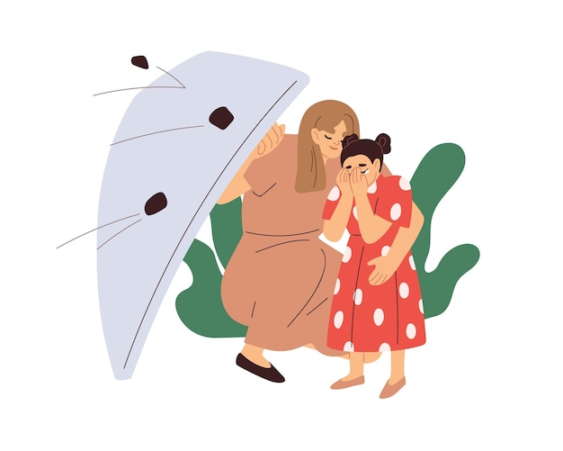 Madre cariñosa, protegiendo al niño del peligro. Mamá asegurando la seguridad de los niños. Concepto de familia, apoyo a los padres, protección de los niños. Ilustración de vector gráfico plano aislado sobre fondo blanco.