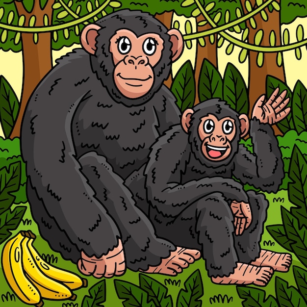 Madre chimpancé y bebé chimpancé de color