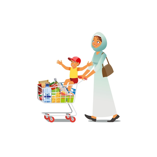 Madre de compras con Little Son Cartoon Vector