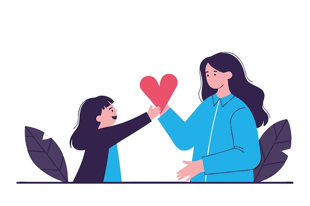 La madre le da a su hija pequeña un gran corazón rojo concepto familiar ilustración plana vectorial