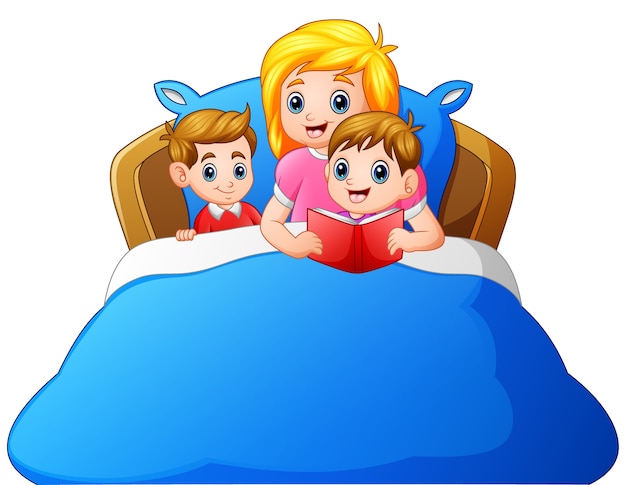 Madre de dibujos animados leyendo cuento antes de dormir a su hijo en la cama | Vector Premium Madre de dibujos animados leyendo cuento antes de dormir a su hijo en la cama | Vector Premium