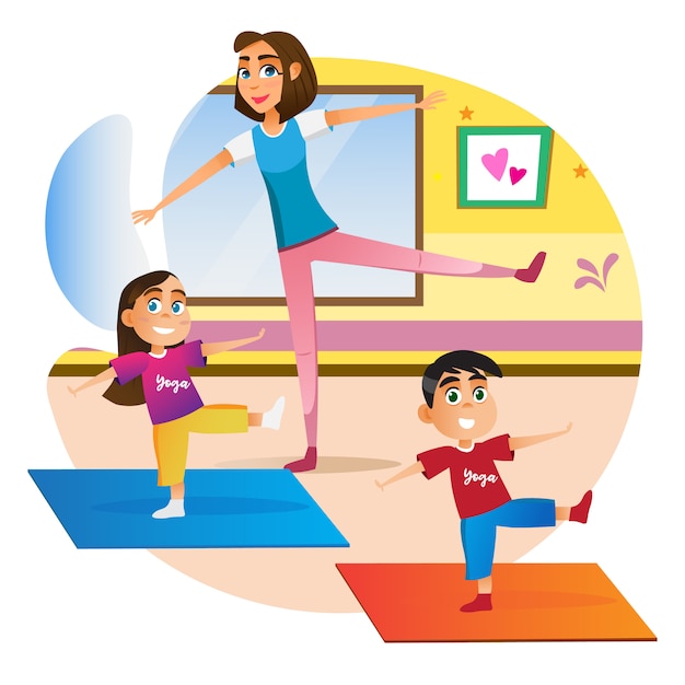 Vector madre de dibujos animados con niños haciendo ejercicio en estera