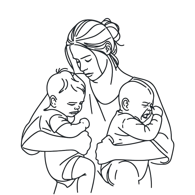 Madre con dos hijos llorando dibujo de la maternidad