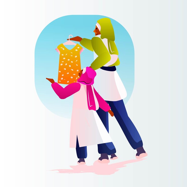 Vector madre e hija en boutique eligiendo y comprando ropa de moda en la tienda de ropa para niños compras de gran venta