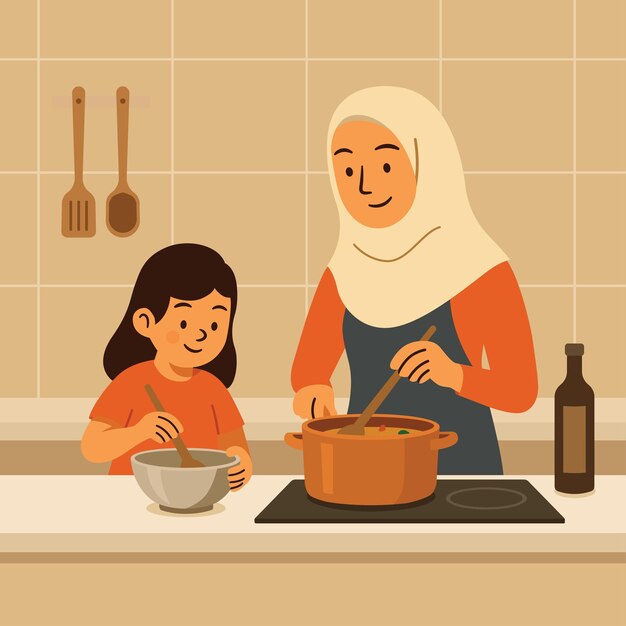Madre e hija cocinando en la cocina