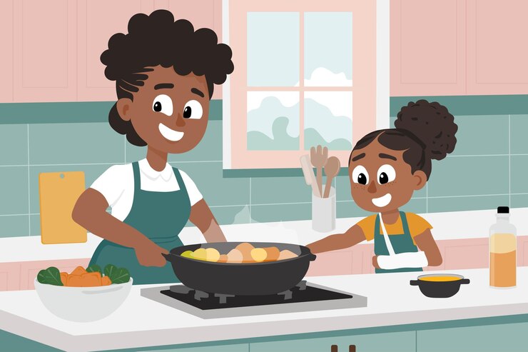 Madre e hija cocinando juntas Ilustración vectorial
