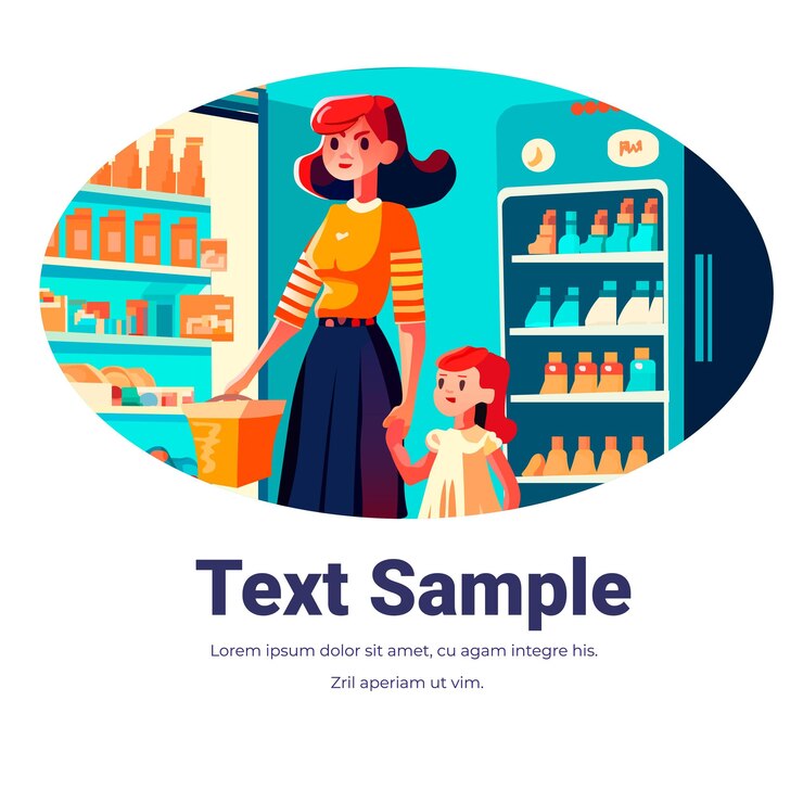 Vector madre e hija comprando en el supermercado con productos en el carro familia en la tienda comprando comestibles
