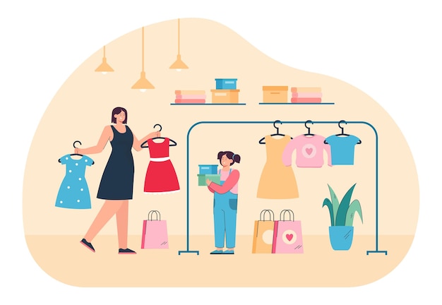Madre e hija comprando vestido para guardarropa de bebé en rebajas. Chica feliz eligiendo ropa en la tienda o centro comercial, niño sosteniendo cajas de regalo ilustración vectorial plana. Moda infantil, concepto familiar.