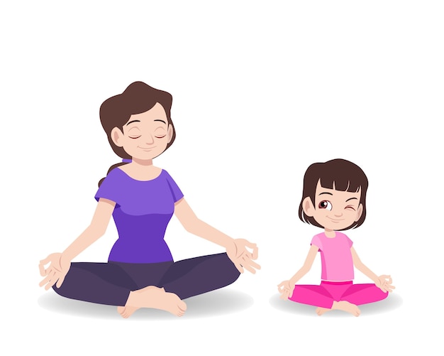 Vector madre e hija haciendo yoga meditación juntos