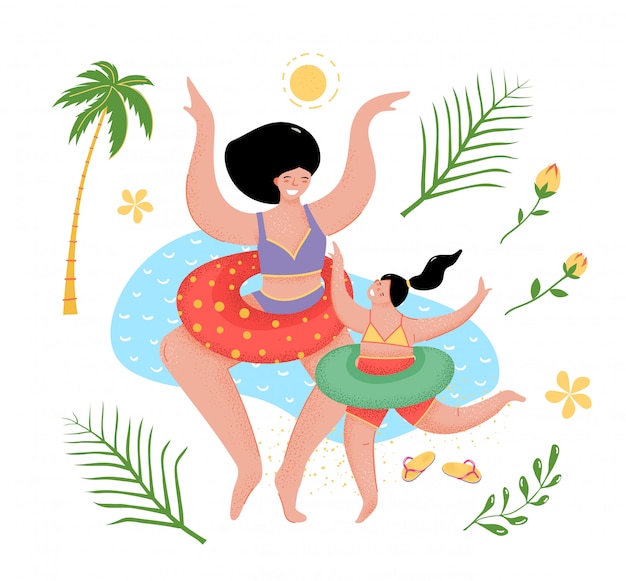 Vector madre e hija en la ilustración plana junto al mar