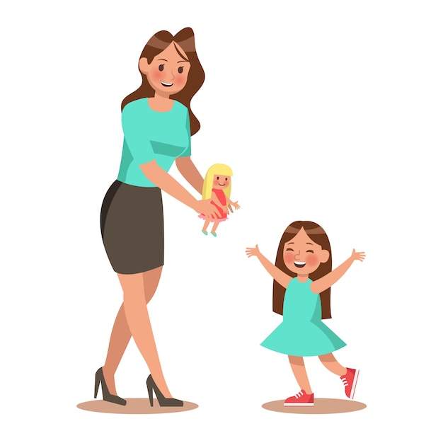 Vector madre e hija jugando muñeca