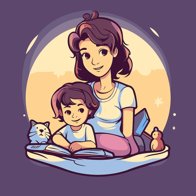 Vector madre e hija leyendo un libro ilustración vectorial al estilo de dibujos animados