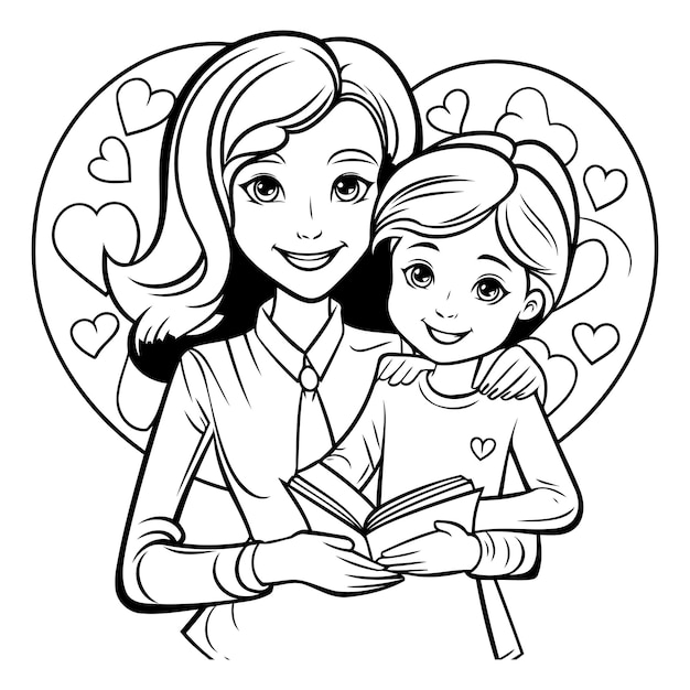 Vector madre e hija leyendo un libro ilustración vectorial en blanco y negro para libro de colorear