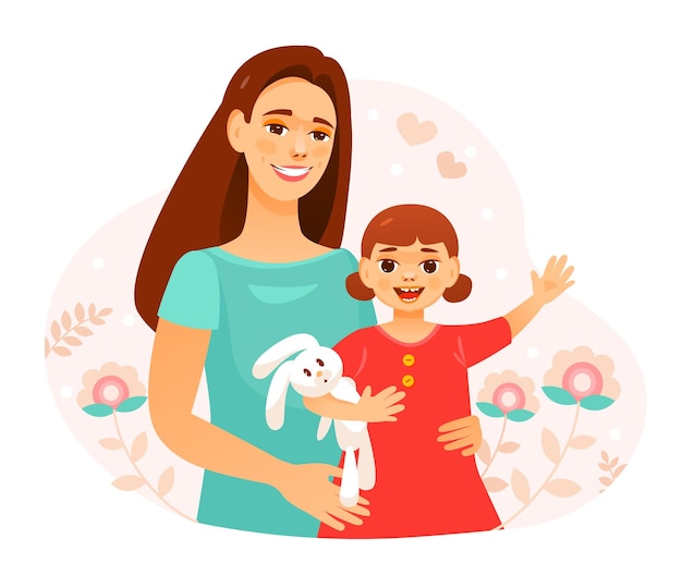 Madre e hija una madre abraza a su hija día de la madre ilustración de vector de dibujos animados lindo