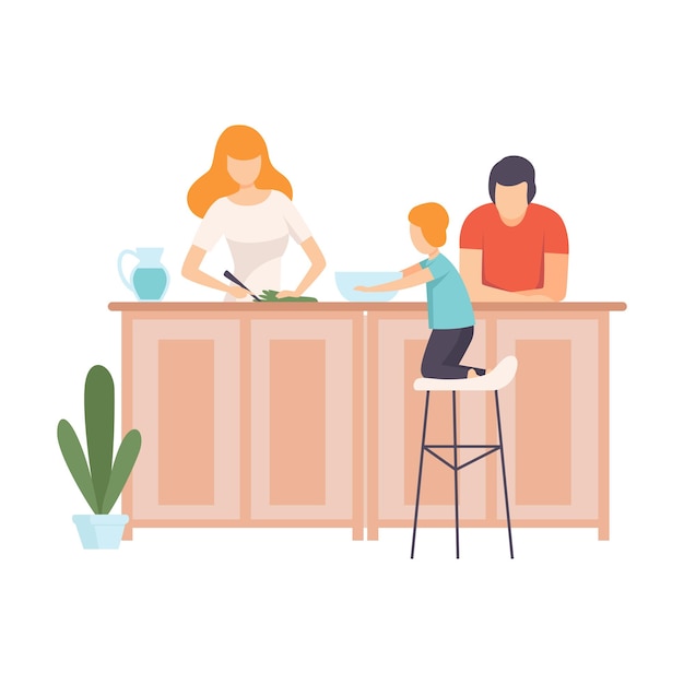 Vector madre e hijo cocinando comida en la cocina juntos familia en la vida cotidiana en el hogar ilustración vectorial en fondo blanco