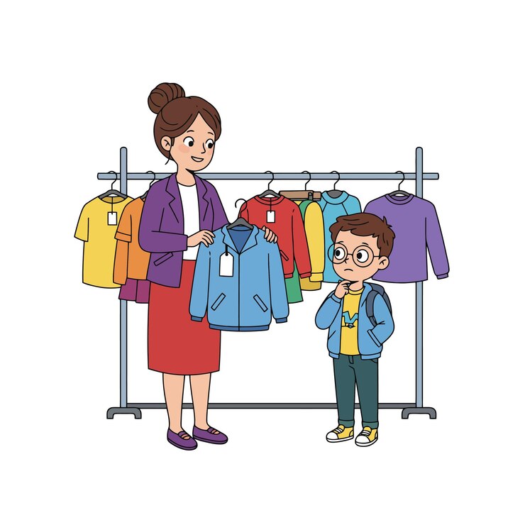 Vector madre e hijo comprando chaquetas para niños ropa de invierno